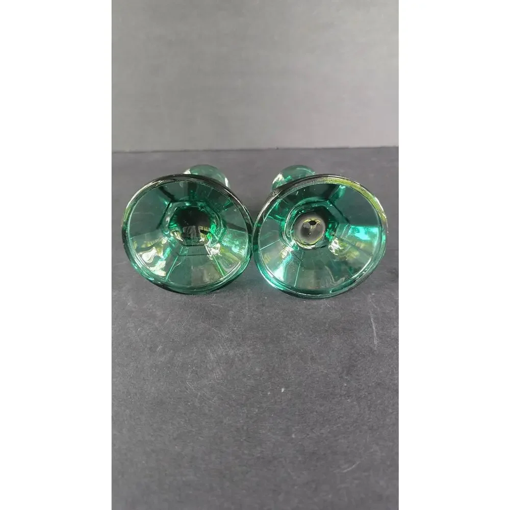 Green Glass Candlestick Holders Pair Small Pedestal Taper Candle Decor Set